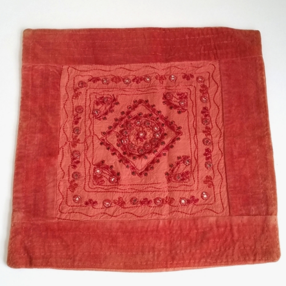 Vintage Antique Muted Orange Velvet and Cotton Patchwork Pillow Sham from India